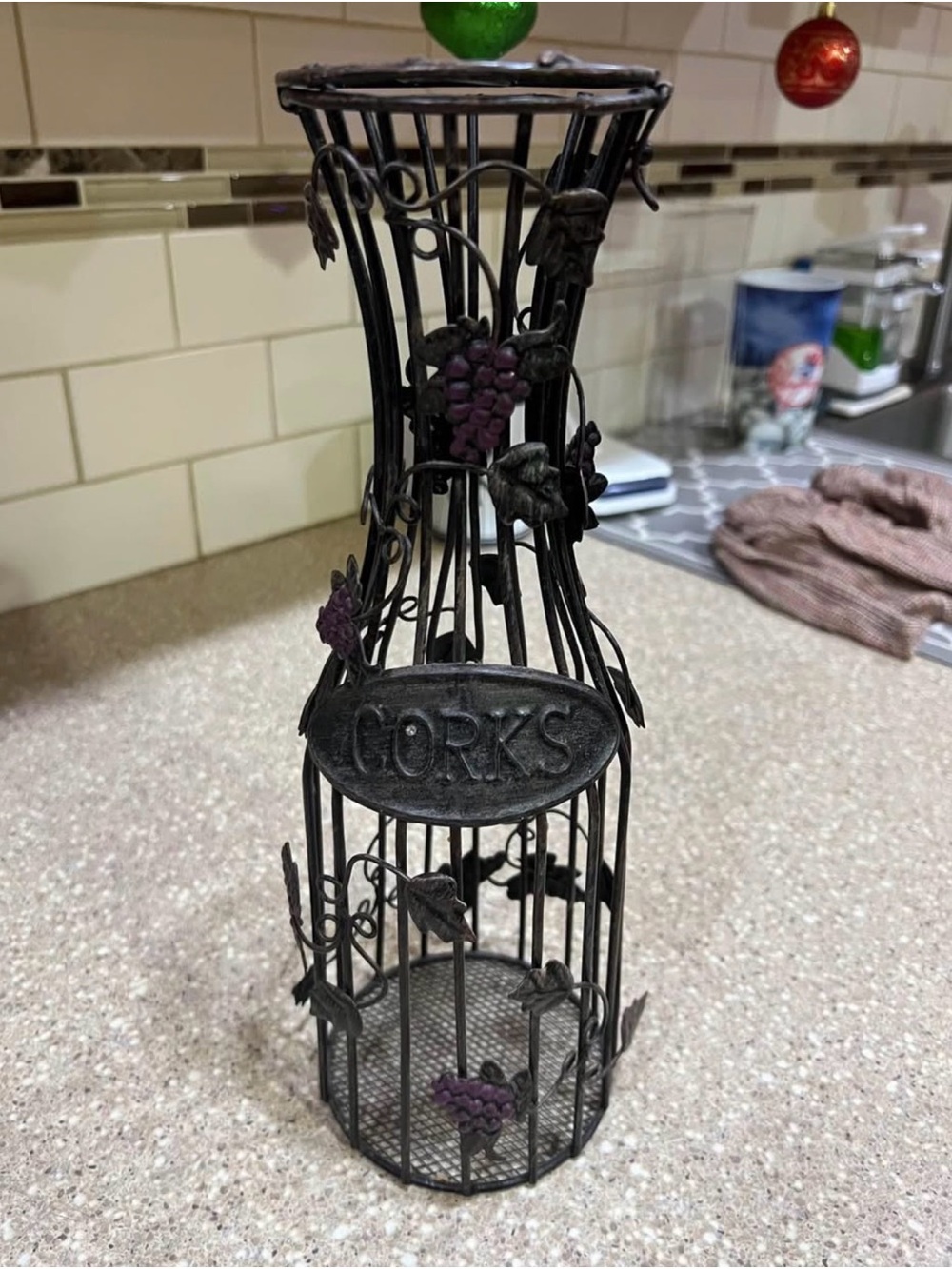 Decorative Metal Cork Holder with Grape Motif